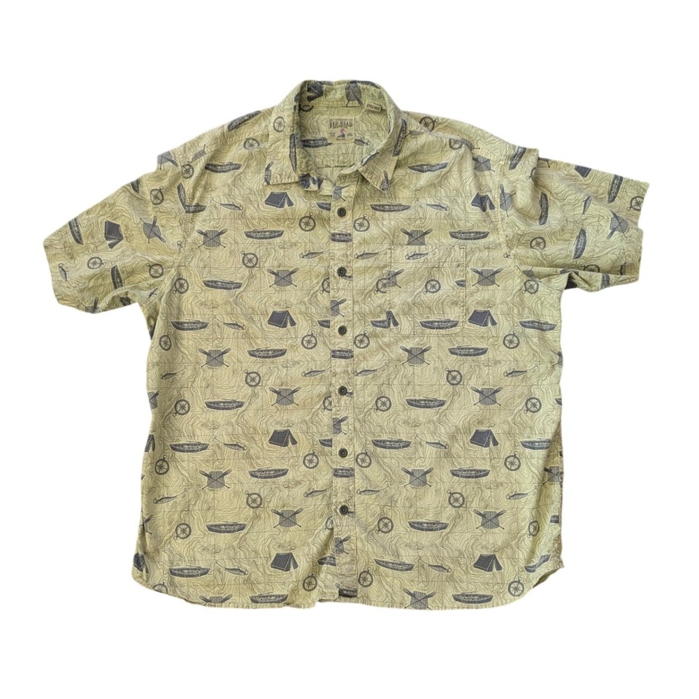 Red Head Shirt Mens 2XL Green Camping Fishing Print Short Sleeve Button Down 2TG